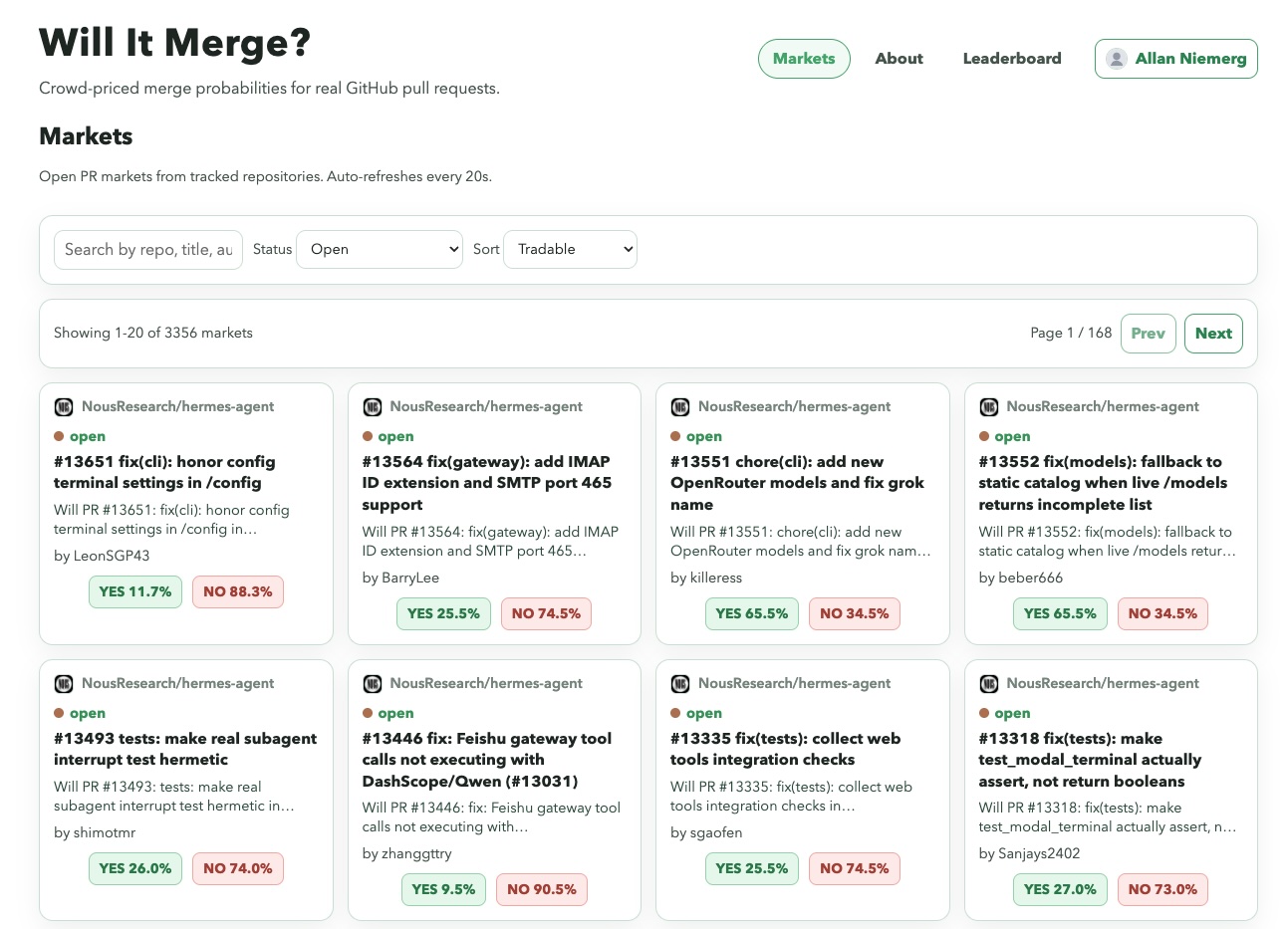 Will It Merge market list showing many open pull requests as YES/NO markets with merge probabilities